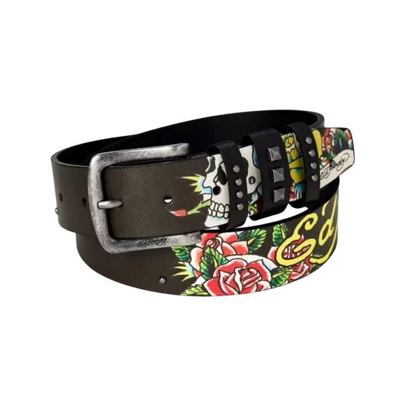 Ed Hardy Men's Skulls & Roses Printed Black Belt With Rivet Studs - Picture 1 of 7